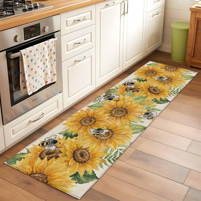 Watercolor Sunflower Cartoon Farmhouse Bee Linen Texture Runner Rug 2'x6', Hallway Runner Rugs Washable Non-Slip Bedside Floor Mats Carpet for Kitchen Bedroom Laundry Room Bathroom