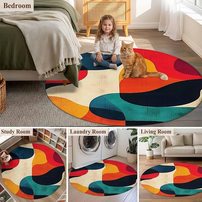 Abstract Art Round Rug 6 Ft, Impressionist Red Blue Color Block Circle Area Rugs Washable Non Slip Indoor Floor Mats Carpet for Living Room Bedroom Dining Room Home Decor