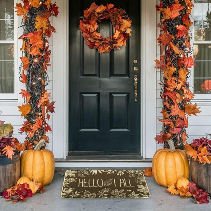 Hello Fall Door Welcome Mat,Autumn Thanksgiving Orange Outdoor Rug Leaves Decor Floor Non-Slip Entrance Mat for Home Kitchen Bathroom 17x29 Inch(Orange1)