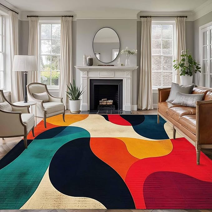 Abstract Art 5'x7' Area Rugs, Impressionist Red Blue Color Block Washable Area Rugs Non-Slip Indoor Floor Mats Carpet for Living Room Bedroom Dining Room
