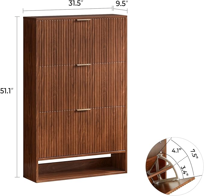Hootata Walnut Tall Shoe Storage Cabinet for Entryway with 3 Flip Drawers, Narrow Wood Fluted Shoe Rack Cabinet, Freestanding Slim Shoe Organizer Cabinet for Foyer, Hallway