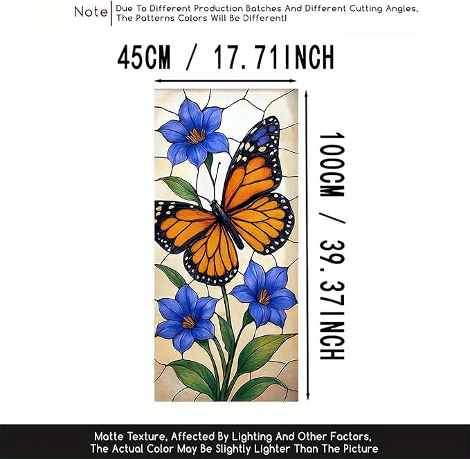 Butterfly Blue Flower Privacy Film Stained Glass Style Static Cling No Glue Decorative Panel Light Filtering for Door Window Kitchen 17.7x39.3 inch