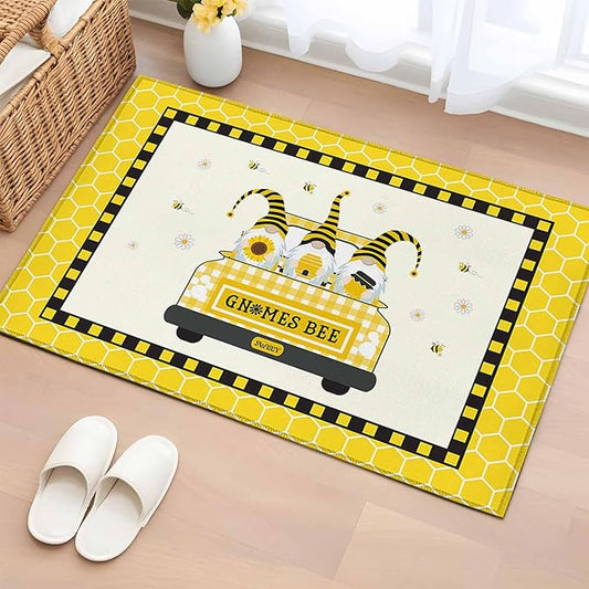 Honey Gnomes Entryway Rug 2'x3', Bees Hive Sunflower Truck Small Area Rug Non-Slip Front Door Mat Washable Floor Carpet for Indoor Entrance Kitchen Bathroom