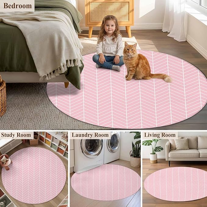 Pink Herringbone Stripes Round Rug 6 Ft, Modern Abstract Geometric Pink Simple Lines Circle Area Rugs Washable Non Slip Indoor Floor Mats Carpet for Living Room Bedroom Dining Room Home Decor