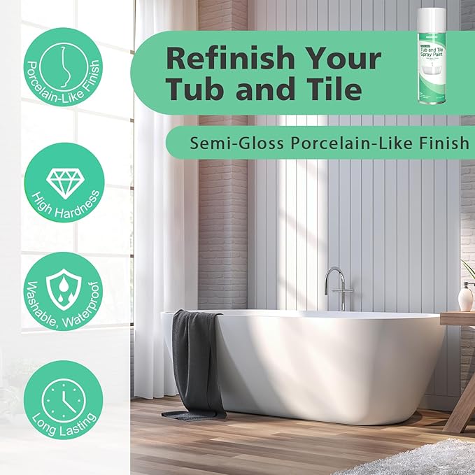 NADAMOO Water-Based Tub and Tile Spray Paint, Less Irritating Odor Aerosol Refinishing Paint for Bathroom Porcelain Bathtub Sink, 4 Cans, Semi-Gloss White
