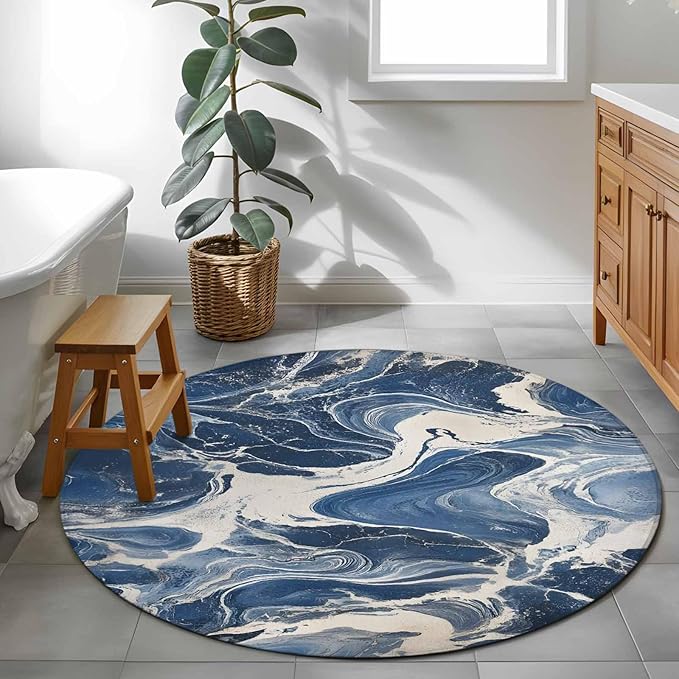 Impressionist Style Round Rug 3.3 Ft, White Blue Blurred Wash Samll Area Rugs Washable Non Slip Indoor Floor Mats Circle Carpet for Living Room Bedroom Dining Room Home