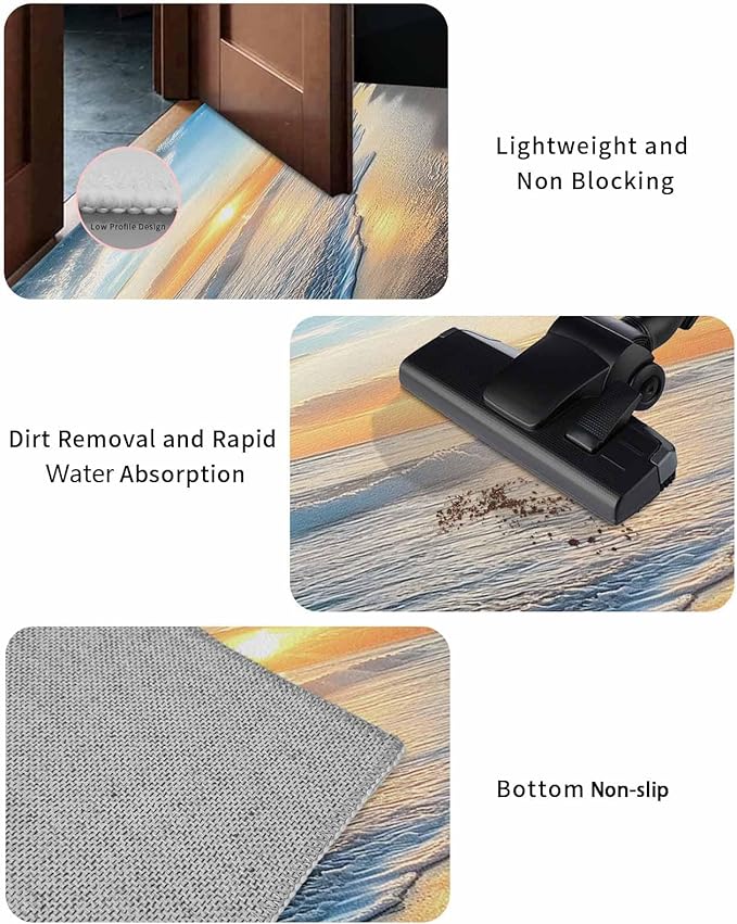 Front Door Mat Outdoor, Sunset Beach Absorbent Non Slip Indoor Entry Rug, Spray Ocean Waves Sky Nature Scenery Low-Profile Doormat Washable Rugs for Bathroom, Kitchen, 24x36in