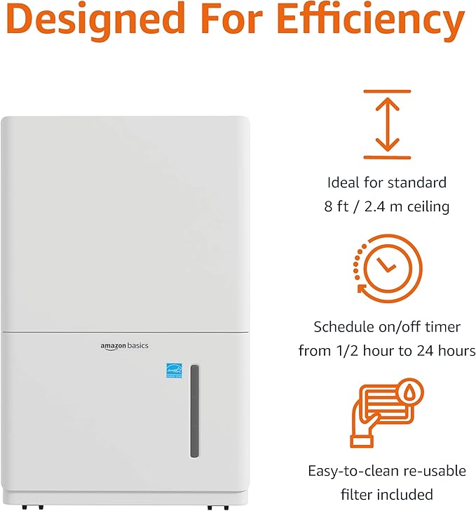 Amazon Basics 35-Pint Large Dehumidifier for Home, Energy Star Certified, Humidity Control, Auto-Defrost, Timer, Overflow Protection, for Rooms up to 2500 SFT, White
