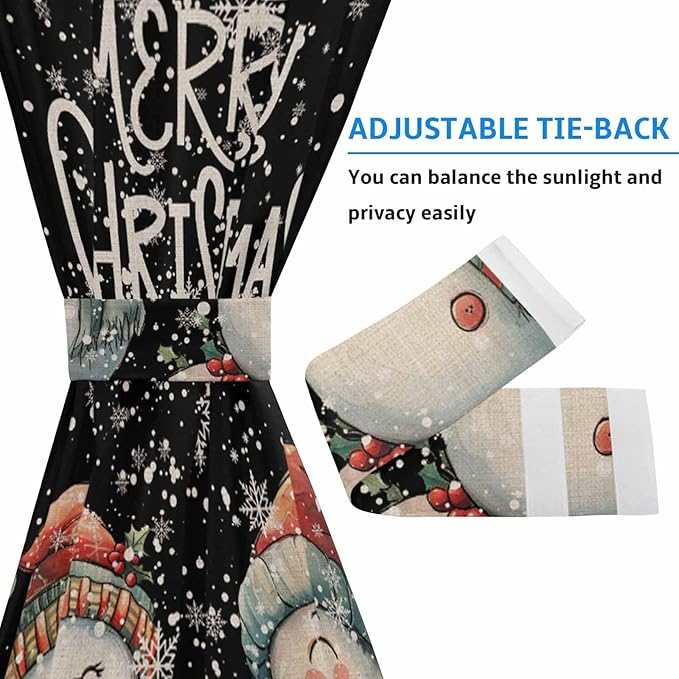 Christmas French Door Curtain Panel for Front Door, Vintage Black Winter Christmas Smiling Snowmen Slidelight Door Curtains with Tieback Light Filtering Privacy Panels for Doorway Entryway 25"x 40"