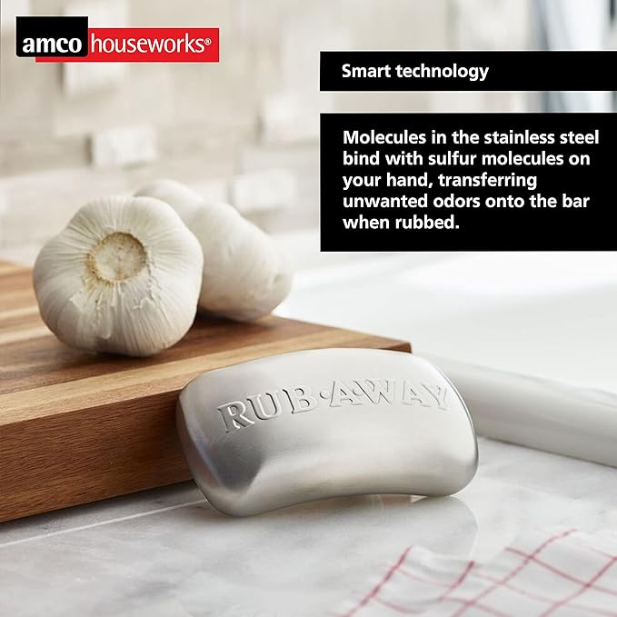 Amco Rub-a-Way Bar, Stainless Steel Odor Absorber (4" x 2.25") - Dishwasher Safe Kitchen & Outdoor Essential for Garlic, Onion, Fishing, Hiking Odors - Natural Odor Remover