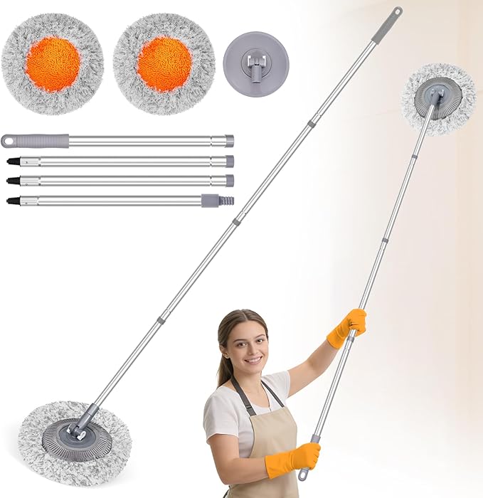 Wall Mop for Painted Walls, Wall Cleaner Mop with 104''/ 62" Long Handle, Dry Mop for Wall Floor Ceiling Cleaning, 2 Reusable Pads (Grey)