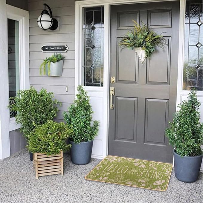 Hello Spring Door Mat Welcome Doormat, Plants Outdoor Rug Leaves Decor Floor Front Door Mat Non-Slip Entrance Mat for Home Kitchen Bathroom Decorations 17 X 29 Inch (Green)