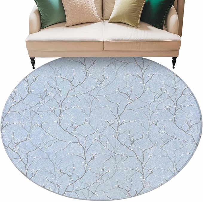 Blue Tree Branch Round Rug 5 Ft, Retro Classic Art Blue Tree Branches Flower Circle Area Rugs Washable Non Slip Indoor Floor Mats Carpet for Living Room Bedroom Dining Room Home Decor