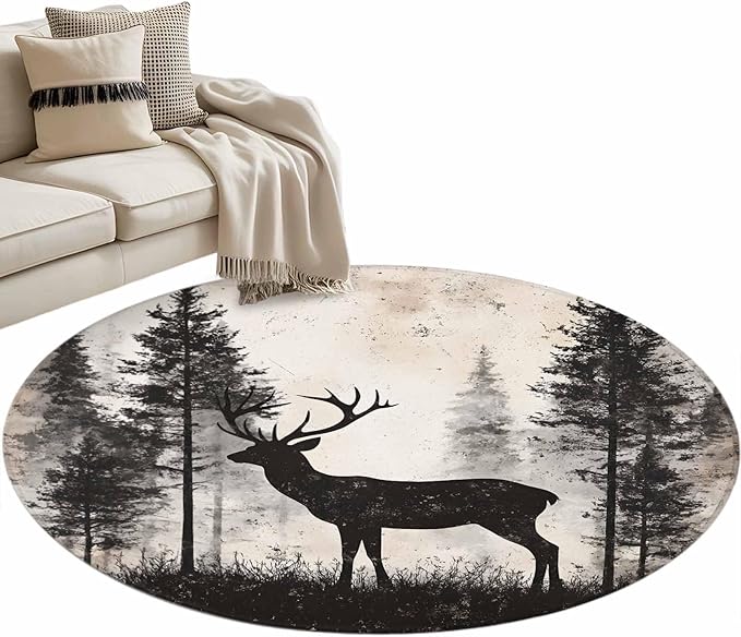 Elk Small Round Rug 3 Ft, Deer Silhouette Area Rugs Washable Non Slip Indoor Floor Mats Circle Carpet for Living Room Bedroom Dining Room Home Decor