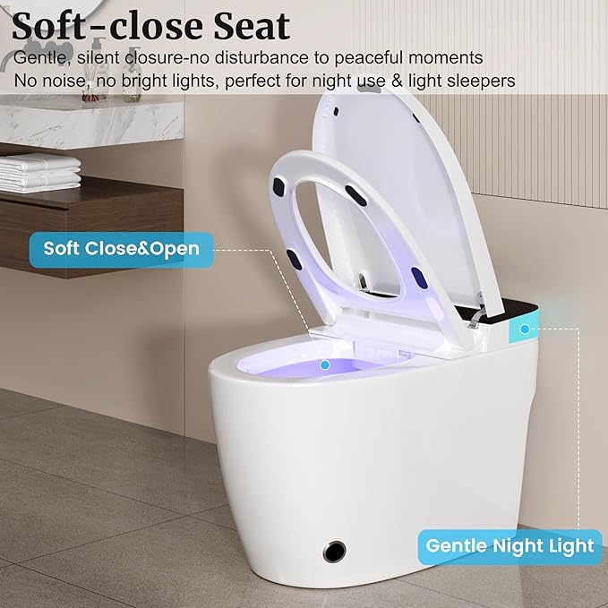 Smart Toilet with Heated Seat & Dual Auto Flush, Foot Sensor, Tankless One-Piece Electric Toilet with Manual Soft-Close Seat & Lid, Night Light, LED Display & 1000g Powerful Flush, 1.28GPF
