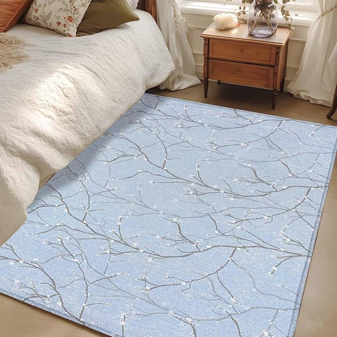 Blue Tree Branch 4'x6' Area Rugs, Retro Classic Art Blue Tree Branches Flower Washable Area Rugs Non-Slip Indoor Floor Mats Carpet for Living Room Bedroom Dining Room