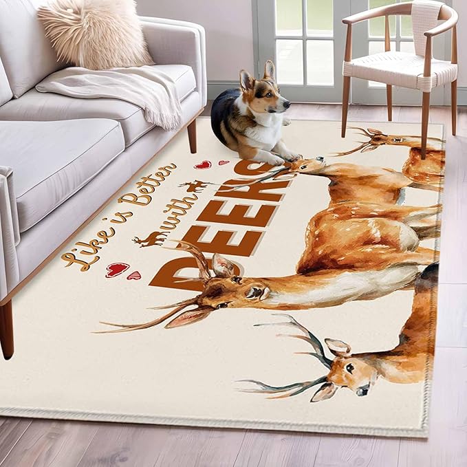 Beige Deer Area Rugs 2.7'x5', Wildlife Animals Rustic Farmhouse Elk Rustic Farmhouse Washable Area Rugs Non-Slip Indoor Floor Mats Carpet for Living Room Bedroom Dining Room