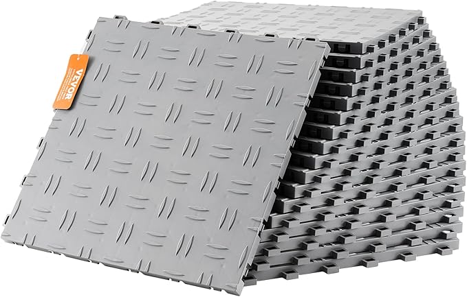 VEVOR Garage Floor Tiles 12 x 12 x 0.53 inch, Interlocking Design Ease of Installation Double-Sided Texture Non-Slip Sturdiness, for Garages, Basements, Repair Shops, Silver, 50 Pack