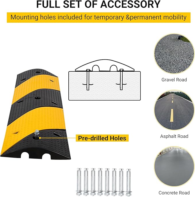 3.3 FT Rubber Speed Bump, 2 Pack Speed BumpsTraffic Driveway Speed Bump, Heavy Duty Cable Protector Ramp with Bolts for Parking Lot, Concrete, Garage, Gravel Roads