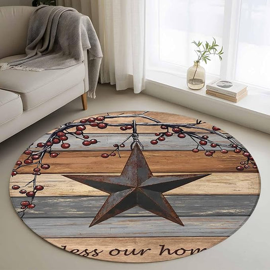 Country Stars Round Rug 4 Ft, Vintage Rust Black Star Berry Brown Light Blue Wood Grain Circle Area Rugs Washable Non Slip Indoor Floor Mats Carpet for Living Room Bedroom Dining Room Home Decor