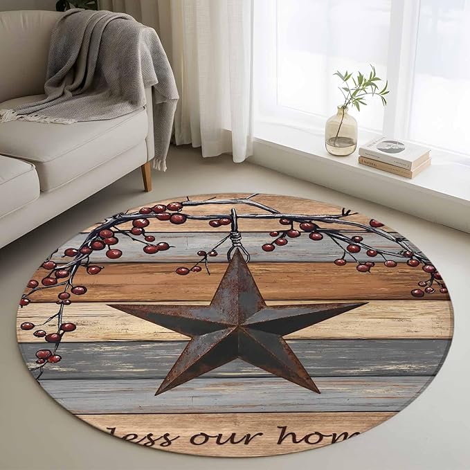 Country Stars Small Round Rug 3 Ft, Vintage Rust Black Star Berry Brown Light Blue Wood Grain Area Rugs Washable Non Slip Indoor Floor Mats Circle Carpet for Living Room Bedroom Dining Room Home Decor