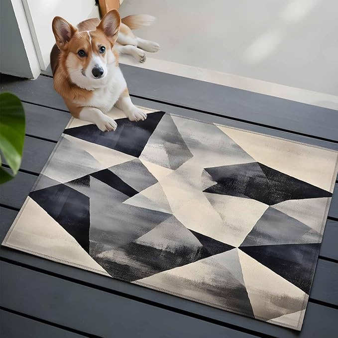 Color Block Entryway Rug 2'x3', Modernism Blue Beige Line Abstract Art Small Area Rug Non-Slip Front Door Mat Washable Floor Carpet for Indoor Entrance Kitchen Bathroom