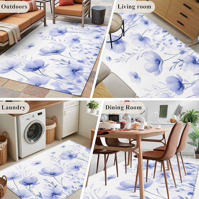 Flower 4'x6' Area Rugs, Blue Washable Area Rugs Non-Slip Indoor Floor Mats Carpet for Living Room Bedroom Dining Room