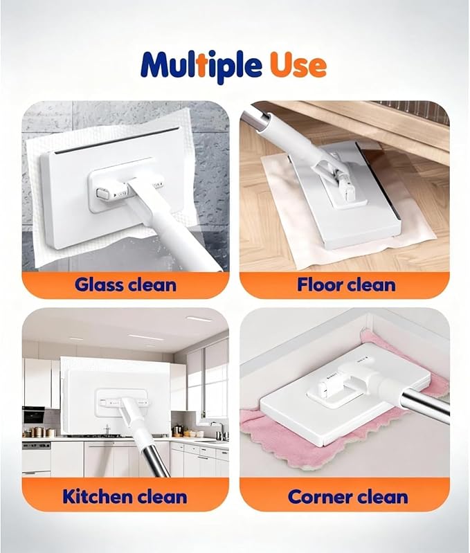 Snap Grip Mini Mop,Retractable Cleaning Tool - Zero Touch Gap & Floor Duster with 40" Handle, 10 Washable Pads for Under Furniture, Corners & Multi-Surface Dry/Wet Use (White - 10 Cloth)