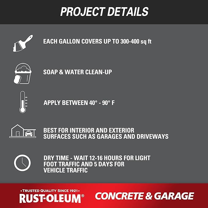 Rust-Oleum 320173 Concrete & Garage Floor Paint and Primer, 5 Gallon, Satin Armor Gray