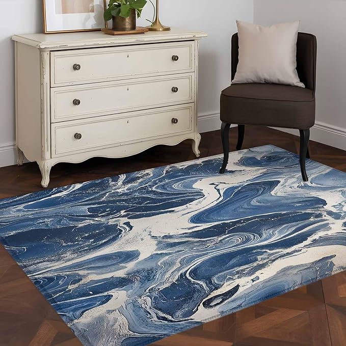 Impressionist Style Area Rugs 2.7'x5', White Blue Blurred Wash Washable Area Rugs Non-Slip Indoor Floor Mats Carpet for Living Room Bedroom Dining Room