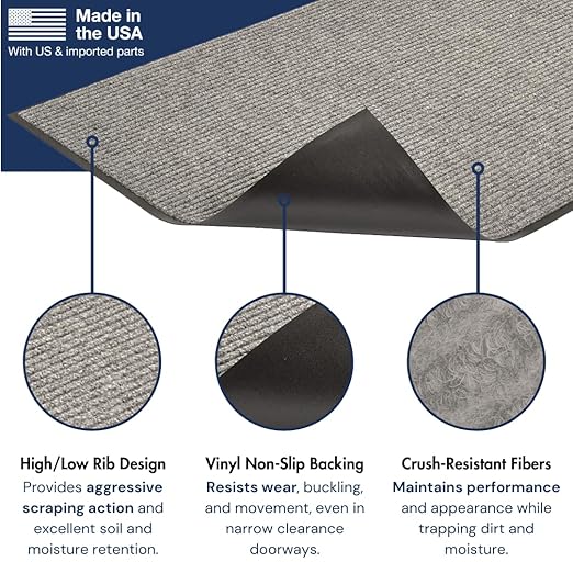 Notrax Heritage Rib™ Commercial Indoor Door Mat Office Rugs – 3' x 10' Gray Front Door Mat with Double Rib 22oz Yarn, Non-Slip Vinyl Backing – Durable Entryway Rug Made in The USA – 117S0310GY