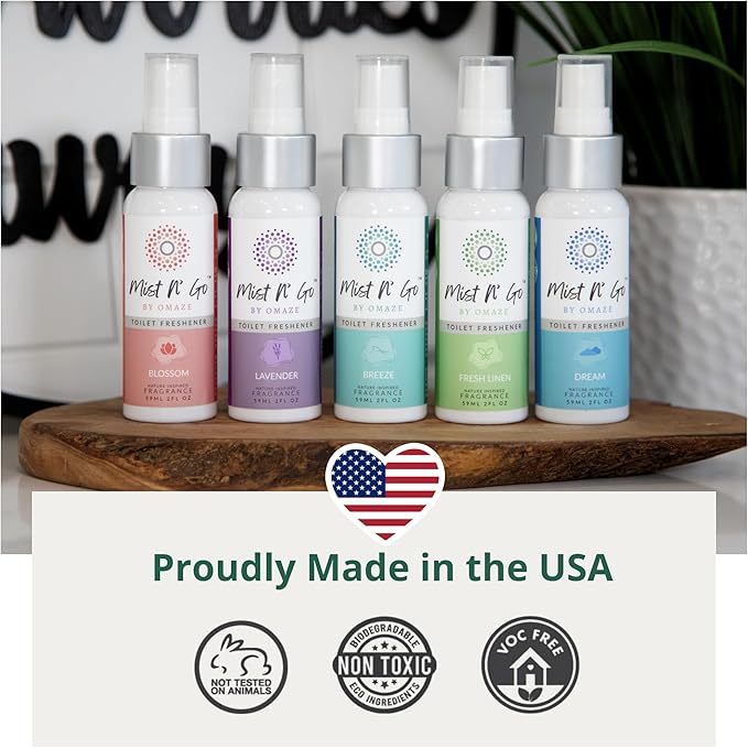 Mist N’ Go by Omaze Travel Bathroom Spray for Toilet Spray Odor Eliminator - Travel Toilet Spray for Bathroom Air Freshener Spray for Bathroom Deodorizer - Blossom Regular Size (2oz x2)