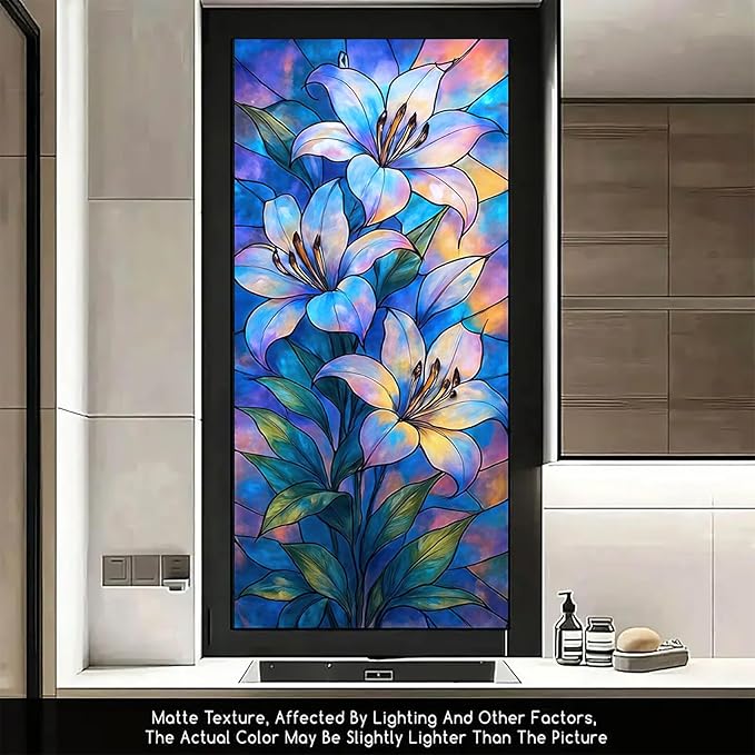 Blue Purple Lily Privacy Film Stained Glass Style Static Cling No Glue Decorative Panel Light Filtering Cover for Door Window Studio 17.7x39.3 inch