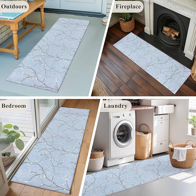 Blue Tree Branch Runner Rug 2'x6', Retro Classic Art Blue Tree Branches Flower Hallway Runner Rugs Washable Non-Slip Bedside Floor Mats Carpet for Kitchen Bedroom Laundry Room Bathroom