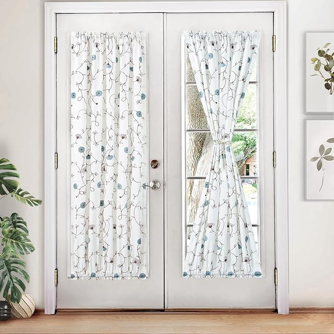 VOGOL Rod Pocket Sliding Door Curtains, Flowers Embroidered Light Filtering Curtain Panels for Door Windows, 1 Piece, 36 x 72 Inches, Blue Floral