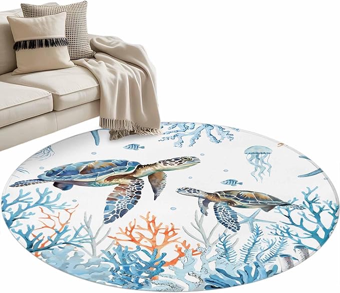 Sea Turtle Round Rug 4 Ft, Seagrass Coral Starfish Circle Area Rugs Washable Non Slip Indoor Floor Mats Carpet for Living Room Bedroom Dining Room Home Decor