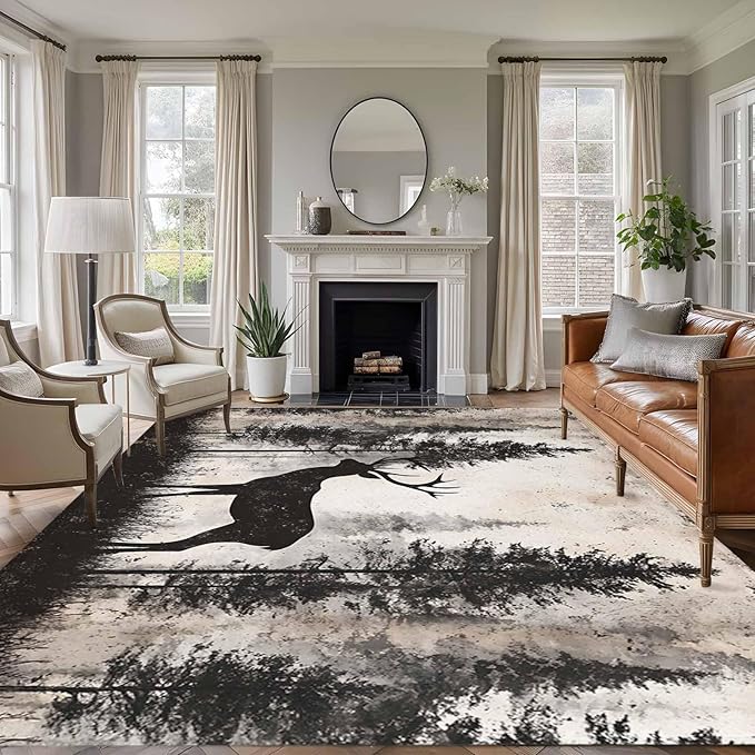 Elk 6'x9' Large Area Rugs, Deer Silhouette Washable Area Rugs Non-Slip Indoor Floor Mats Large Carpet for Living Room Bedroom Dining Room