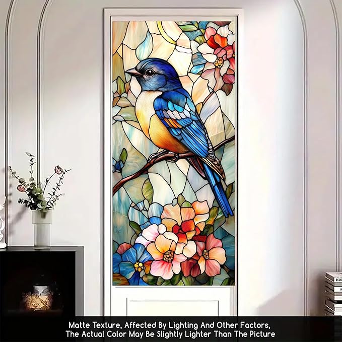 Bluebird Stained Glass Window Film 17.7x39.3 Inch Privacy Static Cling Window Sticker No Glue Floral Decorative Glass Decal for Door Panels Kitchen Entryway Sunroom Partitions
