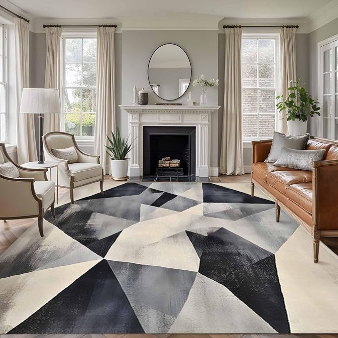 Color Block 6'x9' Large Area Rugs, Modernism Blue Beige Line Abstract Art Washable Area Rugs Non-Slip Indoor Floor Mats Large Carpet for Living Room Bedroom Dining Room