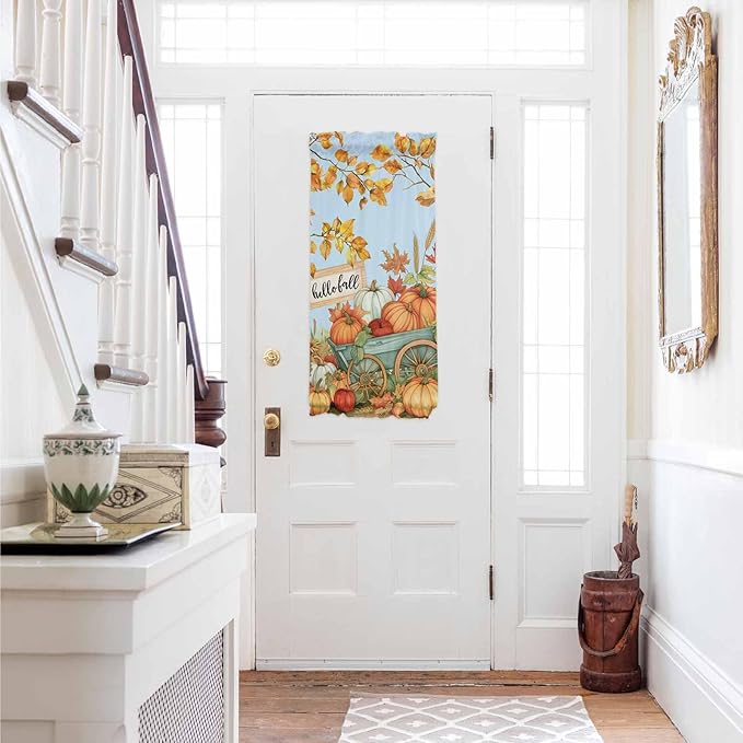 French Door Curtain Panel for Front Door, Countryside Pumpkins Fall Leaves Harvest Slidelight Door Curtains with Tieback Light Filtering Privacy Panels for Doorway Entryway 25"x 40"