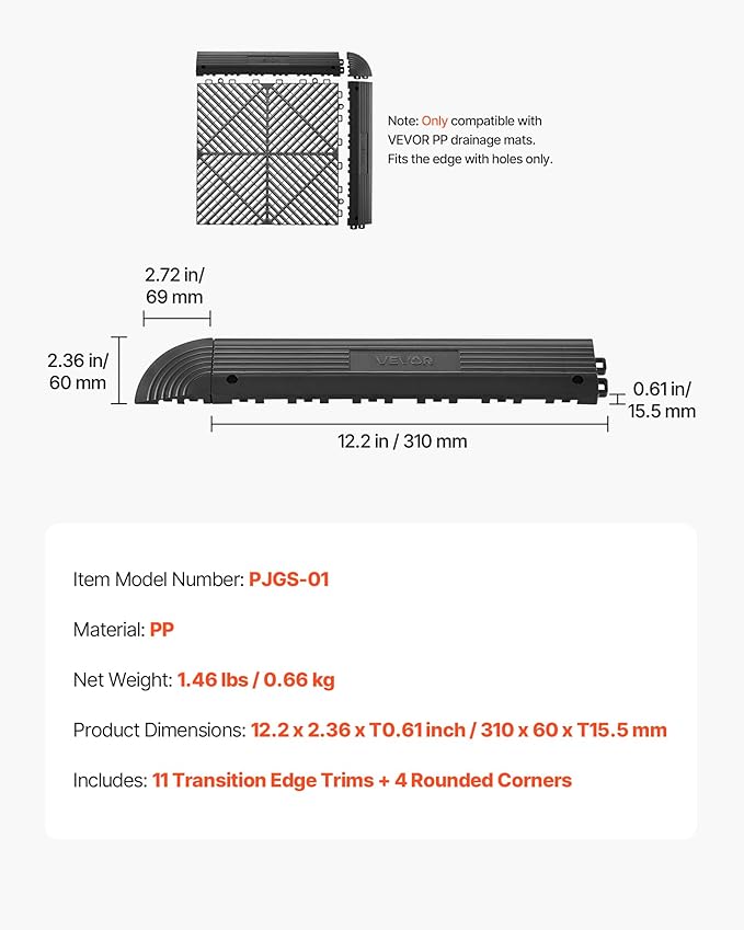 VEVOR Transition Edge Kit, 11-Piece, Durable Straight Garage Floor Edging, PP Material, Easy Installation, Only Compatible with VEVOR Drainage Mats, Black, Male