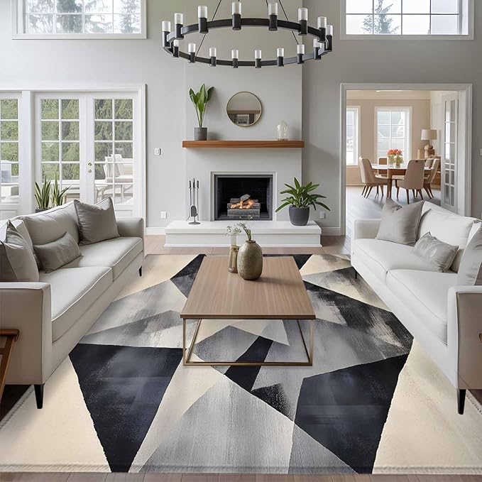 Color Block 5'x7' Area Rugs, Modernism Blue Beige Line Abstract Art Washable Area Rugs Non-Slip Indoor Floor Mats Carpet for Living Room Bedroom Dining Room