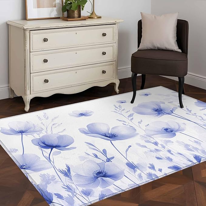 Flower 3'x5' Area Rugs, Blue Washable Area Rugs Non-Slip Indoor Floor Mats Carpet for Living Room Bedroom Dining Room