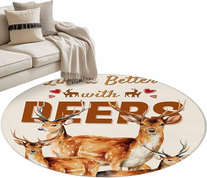 Beige Deer Round Rug 3.3 Ft, Wildlife Animals Rustic Farmhouse Elk Rustic Farmhouse Samll Area Rugs Washable Non Slip Indoor Floor Mats Circle Carpet for Living Room Bedroom Dining Room Home