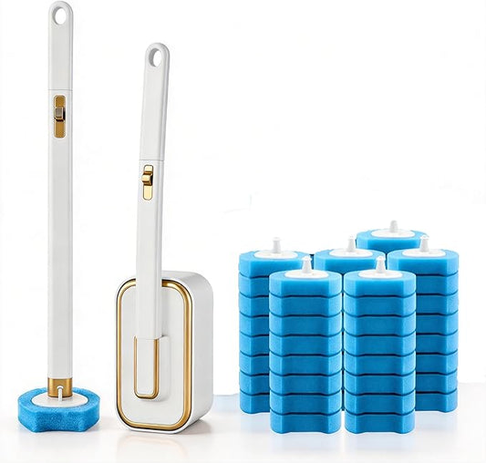 Disposable Toilet Brush with 48 Refill Heads and Holder– Includes Storage Caddy&Toilet Bowl Wand, Wall-Mount Scrubbing Toilet Brush Bathroom Cleaning Kit (1 Wand+48 Refills)