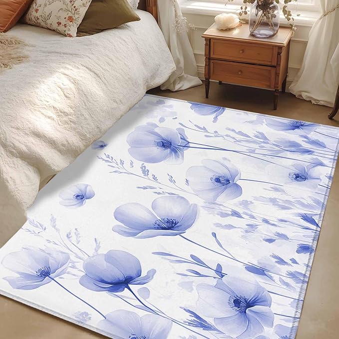 Flower Area Rugs 2.7'x5', Blue Washable Area Rugs Non-Slip Indoor Floor Mats Carpet for Living Room Bedroom Dining Room