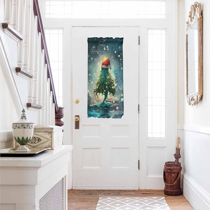 Christmas French Door Curtain Panel for Front Door, Sea Marine Life Christmas Tree Hair Slidelight Door Curtains with Tieback Light Filtering Privacy Panels for Doorway Entryway 25"x 40"