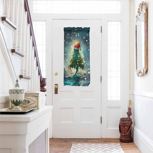 Christmas French Door Curtain Panel for Front Door, Sea Marine Life Christmas Tree Hair Slidelight Door Curtains with Tieback Light Filtering Privacy Panels for Doorway Entryway 25"x 40"