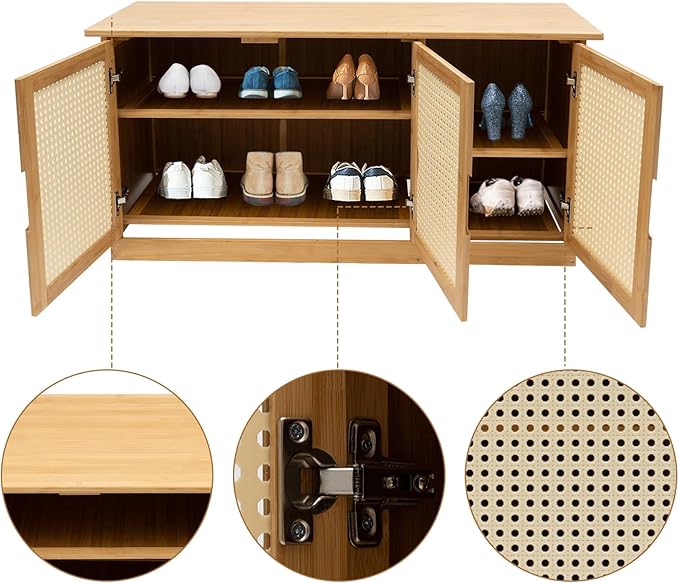 Shoe Storage Bench,Rattan Shoe Bench,Shoe Storage Bench Organizer,Entryway Shoe Bench with Plastic Rattan Doors,Shoe Rack Organizer Adjtable Shelves,Shoe Rack Organizer Space,for Bedroom