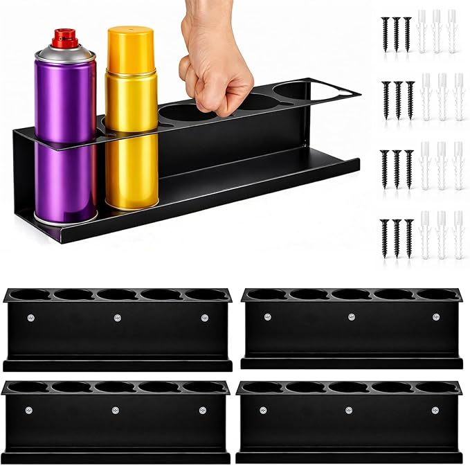 4 Pack Wall-Mounted Spray Bottle Holder, Heavy-Duty Steel Black Aerosol Can Storage Rack with 20 Holes, Spray Paint Can Organizer for Garage, Shop, Home, Tool Trailer & Service Truck